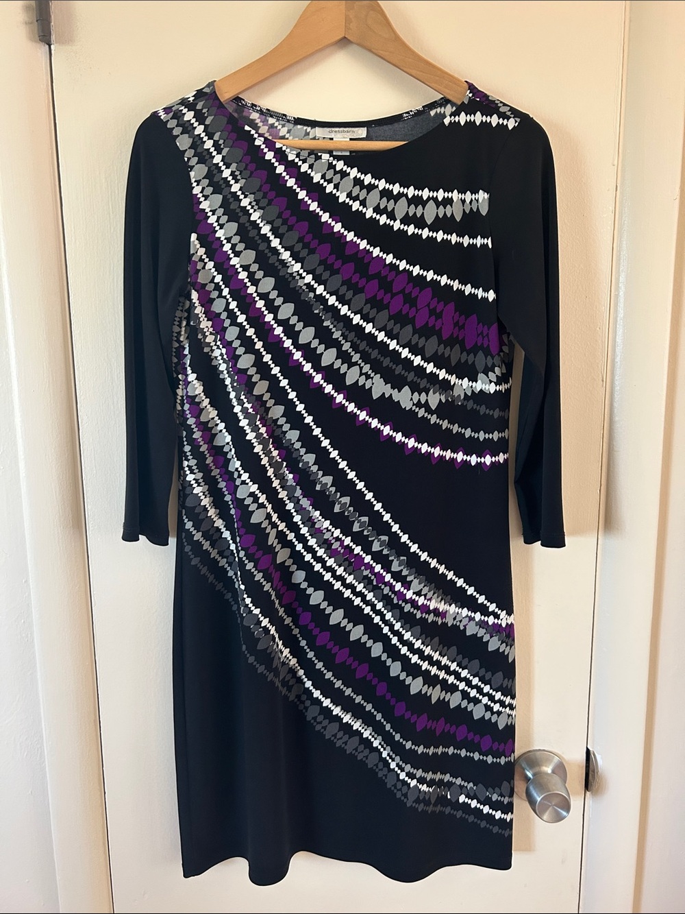 dressbarn Black Long Sleeve Dress with Purple & Gray Wave Accents